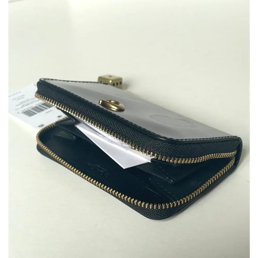 Coach Essential Small Zip Around Wallet Black Spazzolato Leather Charms CCD82